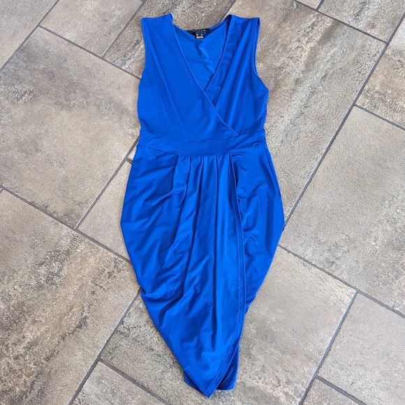 Revamped Sexy Cocktail Party Mini Asymetric Hem V Neck  Dress Blue Size M - Picture 4 of 14